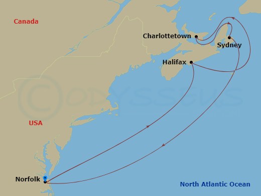 8 Night - Canada - Carnival Freedom - Starting in Norfolk, Va, Halifax, NS, Canada, Charlottetown, PE, Canada, Sydney NS, Canada, Norfolk, Va itinerary map