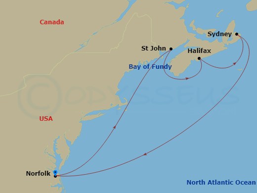 8 Night - Canada - Carnival Freedom - Starting in Norfolk, Va, Saint John NB, Halifax, NS, Canada, Sydney NS, Canada, Norfolk, Va itinerary map