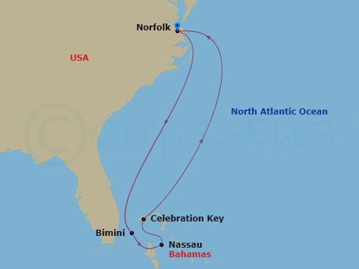 6 Night - Bahamas - Carnival Sunshine - Starting in Norfolk, Va, Bimini, the Bahamas, Nassau, Bahamas, Celebration Key, the Bahamas, Norfolk, Va itinerary map