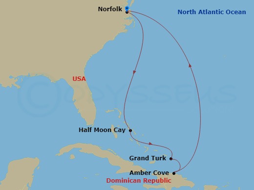 8 Night - Eastern Caribbean - Carnival Sunshine - Starting in Norfolk, Va, Relaxaway, Half Moon Cay, Grand Turk, Amber Cove, Dominican Republic, Norfolk, Va itinerary map