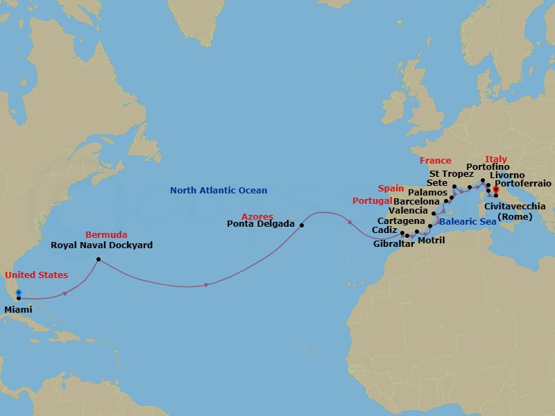 23 Night - New World to Ancient Shores - Oceania Allura - Starting in Miami, Royal Naval Dockyard, Ponta Delgada (Azores), Seville (Cadiz), Gibraltar, Granada (Motril), Cartagena ES, Valencia, Barcelona, Palamos, Sete, Saint-Tropez, Portofino, Florence / Pisa / Tuscany (Livorno), Portoferraio (Elba Island), Rome (Civitavecchia) itinerary map