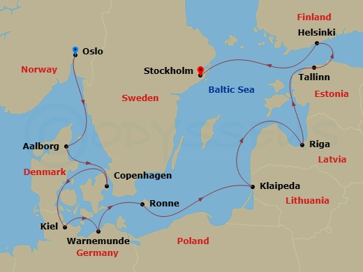 11 Night - Baltic Brilliance - Oceania Sirena - Starting in Oslo, Aalborg, Copenhagen, Kiel, Berlin (Warnemunde), Ronne (Bornholm), Klaipeda, Riga, Tallinn, Helsinki, Stockholm itinerary map