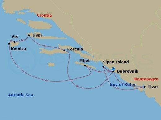 7 Night - Croatia - Le Ponant - Starting in Dubrovnik, Croatia, Mljet, Komiza, Vis Island, Vis Island, Stari Grad, Hvar Island, Korcula, Dubrovnik, Croatia, Sipan Island, Sailing in the Bay of Kotor, Tivat, Dubrovnik, Croatia itinerary map