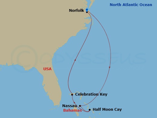 6 Night - Bahamas - Carnival Sunshine - Starting in Norfolk, Va, Nassau, Bahamas, Relaxaway, Half Moon Cay, Celebration Key, the Bahamas, Norfolk, Va itinerary map