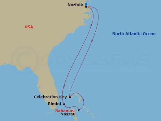6 Night - Bahamas - Carnival Sunshine - Starting in Norfolk, Va, Celebration Key, the Bahamas, Nassau, Bahamas, Bimini, the Bahamas, Norfolk, Va itinerary map