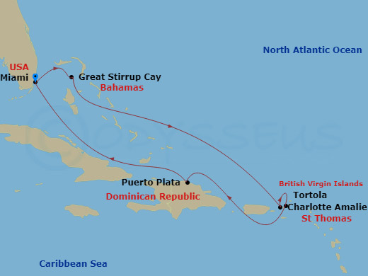 7 Night - Eastern Caribbean - Miami - Norwegian Luna - Starting in Miami, Fl, Great Stirrup Cay, Bahamas, St Thomas, Vi, Tortola, British Virgin Islands, Puerto Plata, Dominican Republic, Miami, Fl itinerary map