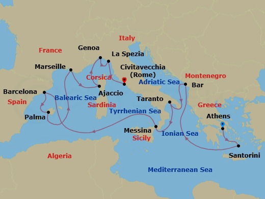 14 Night - Western Mediterranean with Greece & Italy - Sun Princess - Starting in Athens (Piraeus), Greece, Santorini, Greece, Montenegro, Taranto, Italy, Sicily (Messina), Italy, Barcelona, Spain, Mallorca (Palma), Spain, Marseille (Provence), France, Corsica (Ajaccio), France, Genoa (for Cinque Terre), Italy, La Spezia (for Florence / Pisa), Italy, Civitavecchia (for Rome), Italy itinerary map