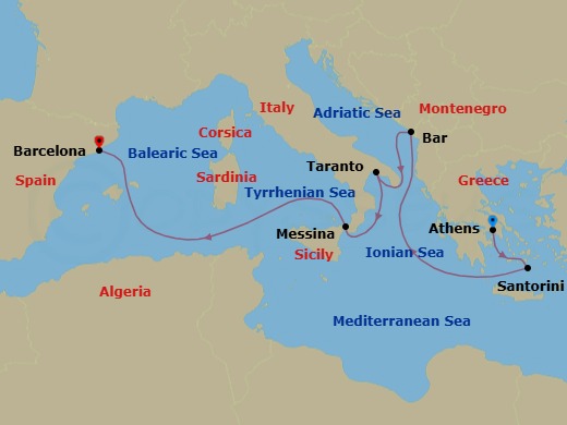 7 Night - Mediterranean with Greece & Adriatic - Sun Princess - Starting in Athens (Piraeus), Greece, Santorini, Greece, Montenegro, Taranto, Italy, Sicily (Messina), Italy, Barcelona, Spain itinerary map