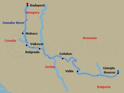 7 Night - Gems of Southeast Europe - AmaRudi - Starting in Giurgiu, Rousse, Vidin, Golubac, Belgrade, Vukovar, Mohacs, Budapest itinerary map