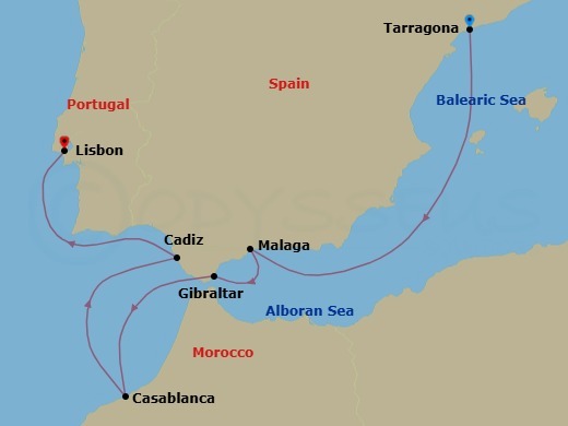 7 Night - Mediterranean Splendor : Spain, Gibraltar & Morocco - Celestyal Discovery - Starting in Tarragona, Spain, Malaga, Spain, Gibraltar, Casablanca, Morocco, Cadiz, Spain, Lisbon, Portugal itinerary map
