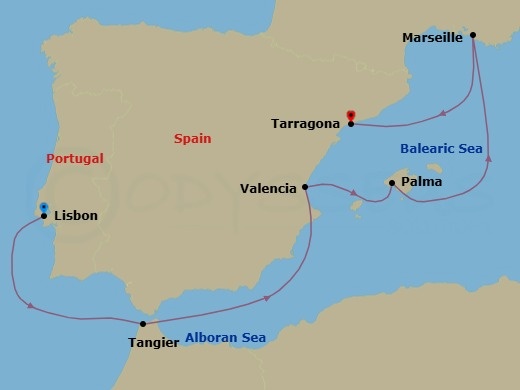 7 Night - Mediterranean Splendor : Portugal, France & Spain - Featuring Marseille - Celestyal Discovery - Starting in Lisbon, Portugal, Tangier, Morocco, Valencia, Spain, Palma De Mallorca, Spain, Marseille, France, Tarragona, Spain itinerary map