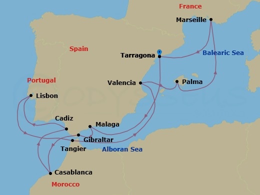 14 Night - Mediterranean Odyssey - Featuring Marseille - Celestyal Discovery - Starting in Tarragona, Spain, Malaga, Spain, Gibraltar, Casablanca, Morocco, Cadiz, Spain, Lisbon, Portugal, Tangier, Morocco, Valencia, Spain, Palma De Mallorca, Spain, Marseille, France, Tarragona, Spain itinerary map