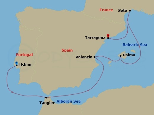 7 Night - Mediterranean Splendor : Portugal, France & Spain - Celestyal Discovery - Starting in Lisbon, Portugal, Tangier, Morocco, Valencia, Spain, Palma De Mallorca, Spain, Sete, France, Tarragona, Spain itinerary map