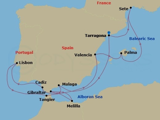 14 Night - Mediterranean Odyssey - Featuring Melilla - Celestyal Discovery - Starting in Tarragona, Spain, Malaga, Spain, Gibraltar, Melilla, Spain, Cadiz, Spain, Lisbon, Portugal, Tangier, Morocco, Valencia, Spain, Palma De Mallorca, Spain, Sete, France, Tarragona, Spain itinerary map