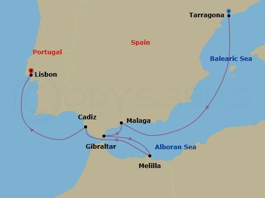 7 Night - Mediterranean Splendor : Spain, Gibraltar & Portugal Featuring Melilla - Celestyal Discovery - Starting in Tarragona, Spain, Malaga, Spain, Gibraltar, Melilla, Spain, Cadiz, Spain, Lisbon, Portugal itinerary map