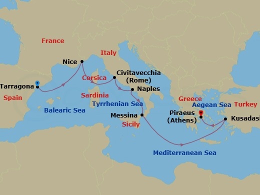 8 Night - Mediterranean Rivieras : Spain, France & Italy (Eastbound) - Celestyal Discovery - Starting in Tarragona, Spain, Nice, France, Civitavecchia, Italy, Napoli, Italy, Messina, Italy, Kusadasi, Piraeus, Athens itinerary map