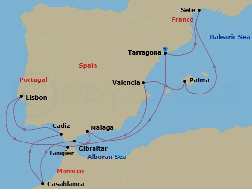 14 Night - Mediterranean Odyssey (Tarragona - Tarragona) - Celestyal Discovery - Starting in Tarragona, Spain, Malaga, Spain, Gibraltar, Casablanca, Morocco, Cadiz, Spain, Lisbon, Portugal, Tangier, Morocco, Valencia, Spain, Palma De Mallorca, Spain, Sete, France, Tarragona, Spain itinerary map