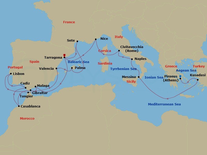 22 Night - Grand Mediterranean Discovery - Celestyal Discovery - Starting in Piraeus, Athens, Kusadasi, Messina, Italy, Napoli, Italy, Civitavecchia, Italy, Nice, France, Tarragona, Spain, Malaga, Spain, Gibraltar, Casablanca, Morocco, Cadiz, Spain, Lisbon, Portugal, Tangier, Morocco, Valencia, Spain, Palma De Mallorca, Spain, Sete, France, Tarragona, Spain itinerary map