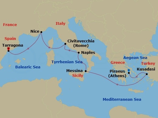 8 Night - Mediterranean Rivieras : Italy, France & Spain (Westbound) - Celestyal Discovery - Starting in Piraeus, Athens, Kusadasi, Messina, Italy, Napoli, Italy, Civitavecchia, Italy, Nice, France, Tarragona, Spain itinerary map