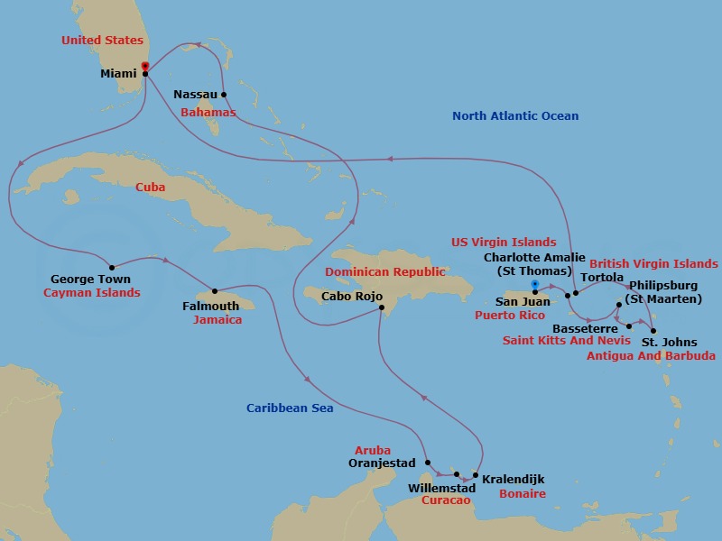 20 Night - Sun-Kissed Symphony - Oceania Allura - Starting in San Juan, Charlotte Amalie, Philipsburg, Basseterre, St Johns AG, Tortola, Miami, George Town, Falmouth, Oranjestad, Willemstad AN, Kralendijk, Cabo Rojo, Nassau, Miami itinerary map