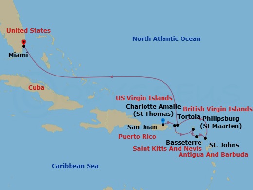 8 Night - Caribbean Essence - Oceania Allura - Starting in San Juan, Charlotte Amalie, Philipsburg, Basseterre, St Johns, Tortola, Miami itinerary map