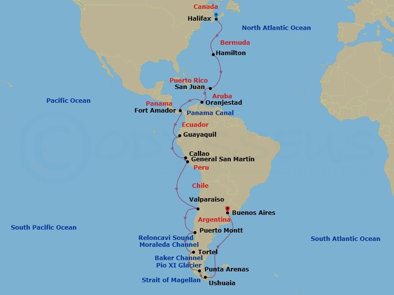 46 Night - Atlantic Crossing : Berm - Tour C02 - Seabourn Pursuit Tours - Starting in Halifax, Nova Scotia, Canada, Hamilton, Bermuda, San Juan, Puerto Rico, Oranjestad, Aruba, Cruising Panama Canal, Fuerte Amador (Panama City), Panama, Guayaquil, Ecuador, Callao (Lima), Peru, General San Martin (Pisco), Peru, Valparaiso (Santiago), Chile, Juan Fernandez, Scenic Cruising Reloncavi Sound, Puerto Montt, Chile, Scenic cruising Moraleda Channel, Scenic cruising Darwin Channel, Scenic cruising Baker Channel, Caleta Tortel, Chile, Transit the English Narrows, Scenic cruising Eyre Fjord, Pio XI Glacier (Bruggen Glacier), Chile, Scenic cruising Wide Channel, Scenic cruising Peel Fjord, Brujo Glacier, Chile, Scenic cruising Smyth Channel, Strait of Magellan, Punta Arenas, Chile, Antarctica, Ushuaia, Argentina, Buenos Aires itinerary map