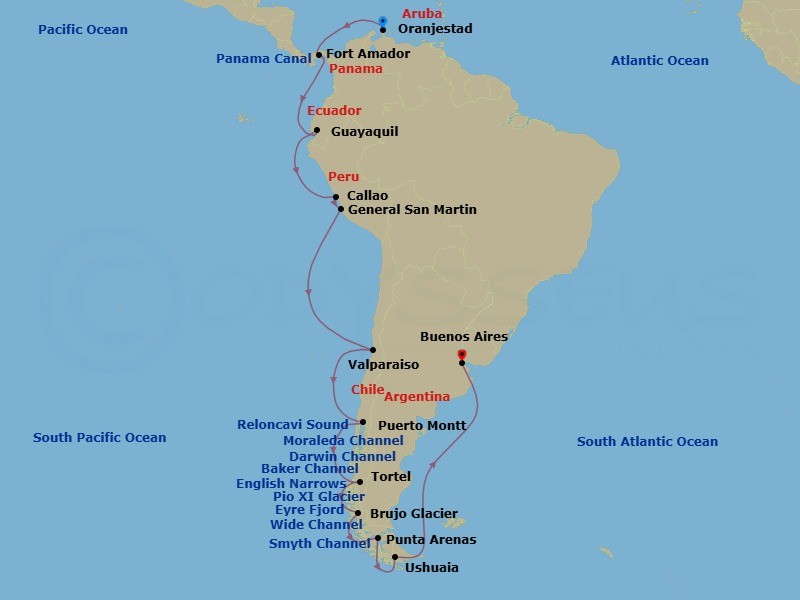 38 Night - Panama Canal, Juan Fernandez I - Tour N02 - Seabourn Pursuit Tours - Starting in Oranjestad, Aruba, Cruising Panama Canal, Fuerte Amador (Panama City), Panama, Guayaquil, Ecuador, Callao (Lima), Peru, General San Martin (Pisco), Peru, Valparaiso (Santiago), Chile, Juan Fernandez, Scenic Cruising Reloncavi Sound, Puerto Montt, Chile, Scenic cruising Moraleda Channel, Scenic cruising Darwin Channel, Scenic cruising Baker Channel, Caleta Tortel, Chile, Transit the English Narrows, Scenic cruising Eyre Fjord, Pio XI Glacier (Bruggen Glacier), Chile, Scenic cruising Wide Channel, Scenic cruising Peel Fjord, Brujo Glacier, Chile, Scenic cruising Smyth Channel, Strait of Magellan, Punta Arenas, Chile, Antarctica, Ushuaia, Argentina, Buenos Aires itinerary map