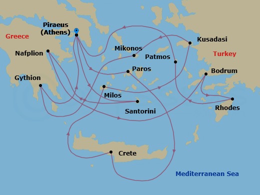 14 Night - Southern Europe Roundtrip from Athens - Silver Nova - Starting in Athens, Paros, Souda Bay, Milos, Kusadasi, Mykonos, Gythion, Athens, Santorini, Nafplion, Bodrum, Rhodes, Patmos, Athens itinerary map