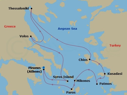 10 Night - Greece Intensive Cruise : Thessaloniki, Patmos & Mykonos - Azamara Onward - Starting in Athens (Piraeus), Syros, Volos, Thessaloniki, Chios, Ephesus (Kusadasi), Patmos, Mykonos, Paros, Athens (Piraeus) itinerary map