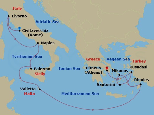 12 Night - Mediterranean : Rome to Athens - Scarlet Lady - Starting in Rome (Civitavecchia), Italy, Florence / Pisa (Livorno), Italy, Pompeii / Capri (Naples), Italy, Palermo, Sicily, Italy, Valletta, Malta, Rhodes, Greece, Mykonos, Greece, Santorini, Greece, Ephesus (Kusadasi), Turkey, Athens (Piraeus), Greece itinerary map