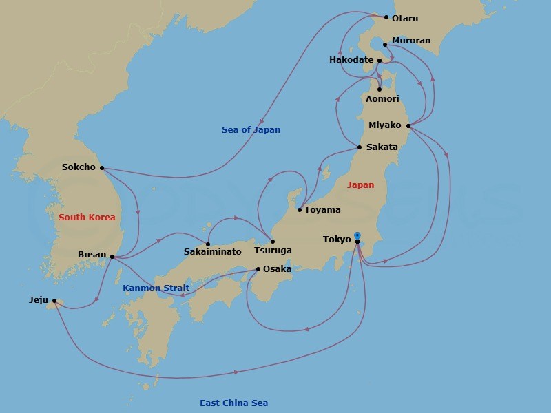 28 Night - Japan's Hidden Autumn Harbors & Korea - Seabourn Encore - Starting in Tokyo, Japan, Miyako, Japan, Muroran, Japan, Hakodate, Japan, Otaru, Japan, Sokcho, South Korea, Busan (Pusan), South Korea, Jeju (Cheju) City, South Korea, Tokyo, Japan, Osaka, Japan, Scenic Cruising Kanmon Straits, Busan (Pusan), South Korea, Sakaiminato, Japan, Tsuruga, Japan, Toyama (Fushiki), Japan, Sakata, Japan, Aomori, Japan, Hakodate, Japan, Miyako, Japan, Tokyo, Japan itinerary map
