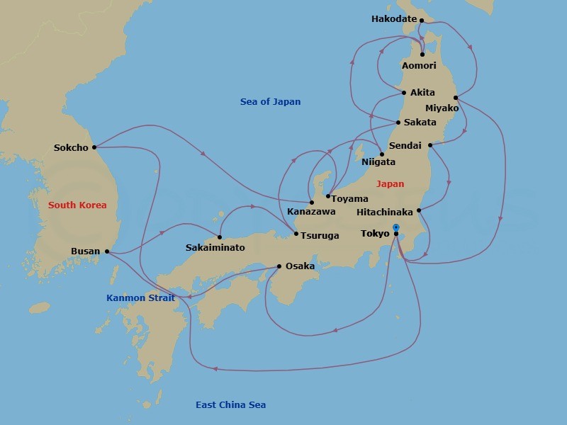 28 Night - Japan's Hidden Harbors & Fall Foliage - Seabourn Encore - Starting in Tokyo, Japan, Osaka, Japan, Scenic Cruising Kanmon Straits, Busan (Pusan), South Korea, Sakaiminato, Japan, Tsuruga, Japan, Toyama (Fushiki), Japan, Sakata, Japan, Aomori, Japan, Hakodate, Japan, Miyako, Japan, Tokyo, Japan, Scenic Cruising Kanmon Straits, Sokcho, South Korea, Kanazawa, Japan, Niigata, Japan, Akita, Japan, Aomori, Japan, Hakodate, Japan, Miyako, Japan, Sendai, Japan, Hitachinaka, Japan, Tokyo, Japan itinerary map