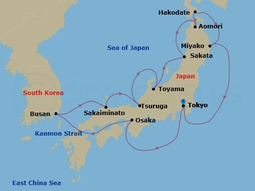 14 Night - Japan's Hidden Harbors in Autumn - Seabourn Encore - Starting in Tokyo, Japan, Osaka, Japan, Scenic Cruising Kanmon Straits, Busan (Pusan), South Korea, Sakaiminato, Japan, Tsuruga, Japan, Toyama (Fushiki), Japan, Sakata, Japan, Aomori, Japan, Hakodate, Japan, Miyako, Japan, Tokyo, Japan itinerary map