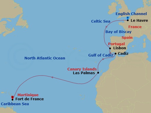 13 Night - Cruise from Le Havre to Fort de France - Costa Favolosa - Starting in Le Havre, France, Lisbon, Portugal, Cadiz, Spain, Las Palmas, Canary Islands, Martinique (Antilles) itinerary map