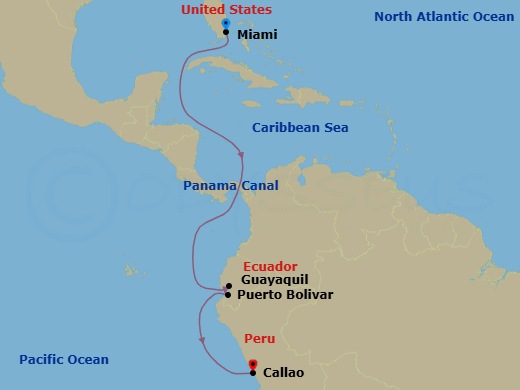 12 Night - World Cruise : Panama Canal to Callao - Seabourn Quest - Starting in Miami, Florida, Enter Panama Canal Cristobal, Cruising Panama Canal, Exit Panama Canal Balboa, Crossing the Equator, Guayaquil, Ecuador, Puerto Bolivar (Machala), Ecuador, Callao (Lima), Peru itinerary map