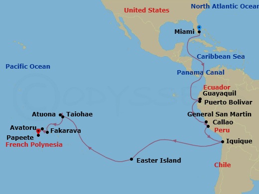 35 Night - World Cruise : Panama Canal Crossing & Polynesia - Seabourn Quest - Starting in Miami, Florida, Enter Panama Canal Cristobal, Cruising Panama Canal, Exit Panama Canal Balboa, Crossing the Equator, Guayaquil, Ecuador, Puerto Bolivar (Machala), Ecuador, Callao (Lima), Peru, General San Martin (Pisco), Peru, Iquique, Chile, Easter Island, Chile, Taiohae, Nuku Hiva, French Polynesia, Atuona, Hiva Oa, French Polynesia, Fakarava, Tuamotu, French Polynesia, Avatoru, Rangiroa, French Polynesia, Papeete, French Polynesia itinerary map