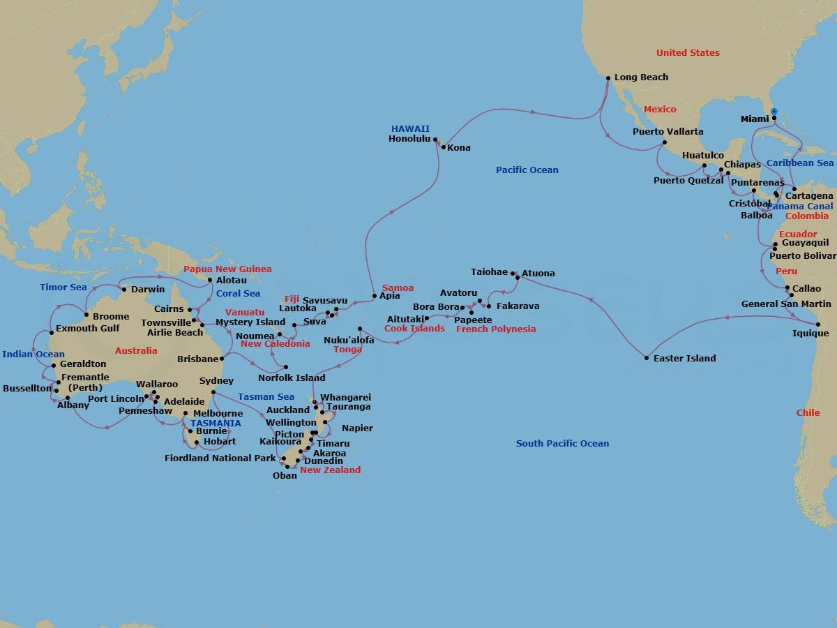 145 Night - World Cruise : Australia & South Pacific Panorama - Seabourn Quest - Starting in Miami, Florida, Enter Panama Canal Cristobal, Cruising Panama Canal, Exit Panama Canal Balboa, Crossing the Equator, Guayaquil, Ecuador, Puerto Bolivar (Machala), Ecuador, Callao (Lima), Peru, General San Martin (Pisco), Peru, Iquique, Chile, Easter Island, Chile, Taiohae, Nuku Hiva, French Polynesia, Atuona, Hiva Oa, French Polynesia, Fakarava, Tuamotu, French Polynesia, Avatoru, Rangiroa, French Polynesia, Papeete, French Polynesia, Bahia d Opunoha, Moorea, French Polynesia, Bora Bora, French Polynesia, Aitutaki, Cook Islands, Cross International Dateline, Nuku Alofa, Tonga, Whangarei, New Zealand, Auckland, New Zealand, Tauranga (Rotorua), New Zealand, Napier, New Zealand, Wellington, New Zealand, Picton, New Zealand, Kaikoura, New Zealand, Akaroa (Christchurch), New Zealand, Timaru, New Zealand, Port Chalmers (Dunedin), New Zealand, Oban NZ, Stewart Island, New Zealand, Cruising Fiordland Natl Park, Sydney AU, Hobart, Tasmania, Australia, Burnie, Tasmania, Australia, Melbourne, Australia, Adelaide, South Australia, Australia, Penneshaw, Kangaroo Island, Australia, Wallaroo, South Australia, Australia, Port Lincoln, South Australia, Australia, Albany AU, Busselton, Australia, Fremantle (Perth), Australia, Geraldton, Western Australia, Australia, Exmouth, Australia, Broome, Western Australia, Australia, Scenic cruising Kimberley Coast, Darwin, Australia, Alotau, Papua New Guinea, Cairns, Australia, Townsville, Australia, Airlie Beach, Queensland, Australia, Brisbane, Australia, Norfolk Island, Australia, Noumea, New Caledonia, Mystery Island, Vanuatu, Lautoka, Fiji, Suva, Viti Levu, Fiji, Savusavu, Vanua Levu, Fiji, Apia, Upolu, Samoa, Cross International Dateline, Crossing the Equator, Honolulu, Hawaii, Kona, Hawaii, Long Beach, California, Puerto Vallarta, Mexico, Huatulco, Mexico, Puerto Chiapas, Mexico, Puerto Quetzal, Guatemala, Puntarenas (Puerto Caldera), Costa Rica, Enter Panama Canal Balboa, Cruising Panama Canal, Exit Panama Canal Cristobal, Cartagena CO, Miami, Florida itinerary map