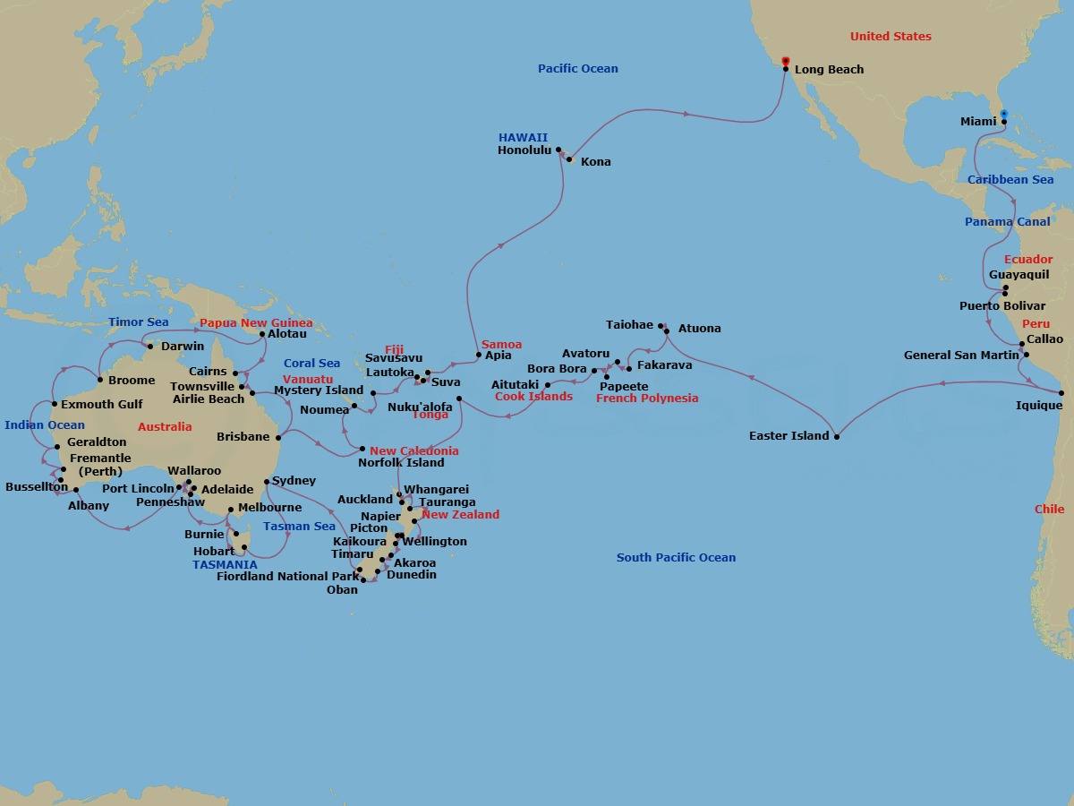 126 Night - World Cruise : Australia & South Pacific Panorama - Seabourn Quest - Starting in Miami, Florida, Enter Panama Canal Cristobal, Cruising Panama Canal, Exit Panama Canal Balboa, Crossing the Equator, Guayaquil, Ecuador, Puerto Bolivar (Machala), Ecuador, Callao (Lima), Peru, General San Martin (Pisco), Peru, Iquique, Chile, Easter Island, Chile, Taiohae, Nuku Hiva, French Polynesia, Atuona, Hiva Oa, French Polynesia, Fakarava, Tuamotu, French Polynesia, Avatoru, Rangiroa, French Polynesia, Papeete, French Polynesia, Bahia d Opunoha, Moorea, French Polynesia, Bora Bora, French Polynesia, Aitutaki, Cook Islands, Cross International Dateline, Nuku Alofa, Tonga, Whangarei, New Zealand, Auckland, New Zealand, Tauranga (Rotorua), New Zealand, Napier, New Zealand, Wellington, New Zealand, Picton, New Zealand, Kaikoura, New Zealand, Akaroa (Christchurch), New Zealand, Timaru, New Zealand, Port Chalmers (Dunedin), New Zealand, Oban NZ, Stewart Island, New Zealand, Cruising Fiordland Natl Park, Sydney AU, Hobart, Tasmania, Australia, Burnie, Tasmania, Australia, Melbourne, Australia, Adelaide, South Australia, Australia, Penneshaw, Kangaroo Island, Australia, Wallaroo, South Australia, Australia, Port Lincoln, South Australia, Australia, Albany AU, Busselton, Australia, Fremantle (Perth), Australia, Geraldton, Western Australia, Australia, Exmouth, Australia, Broome, Western Australia, Australia, Scenic cruising Kimberley Coast, Darwin, Australia, Alotau, Papua New Guinea, Cairns, Australia, Townsville, Australia, Airlie Beach, Queensland, Australia, Brisbane, Australia, Norfolk Island, Australia, Noumea, New Caledonia, Mystery Island, Vanuatu, Lautoka, Fiji, Suva, Viti Levu, Fiji, Savusavu, Vanua Levu, Fiji, Apia, Upolu, Samoa, Cross International Dateline, Crossing the Equator, Honolulu, Hawaii, Kona, Hawaii, Long Beach, California itinerary map