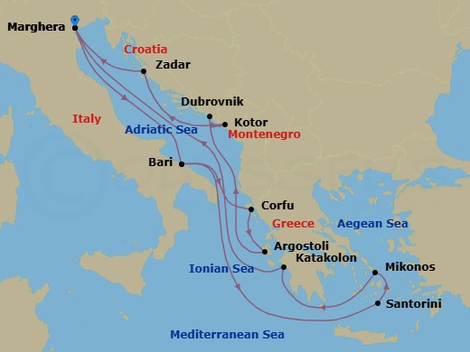 14 Night - Eastern Mediterranean from Marghera - Costa Deliziosa - Starting in Marghera (Venice), Bari, Corfu, Argostoli (Cephalonia), Dubrovnik, Croatia, Kotor, Zadar, Marghera (Venice), Bari, Thira (Santorini), Mykonos, Katakolon (Olympia), Marghera (Venice) itinerary map