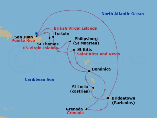 14 Night - Southern Caribbean Adventurer - Emerald Princess - Starting in San Juan, Puerto Rico, St Thomas, US Virgin Islands, St Maarten, Dominica, St Lucia, Barbados, San Juan, Puerto Rico, Tortola, British Virgin Islands, St Kitts, Dominica, Grenada, Barbados, San Juan, Puerto Rico itinerary map