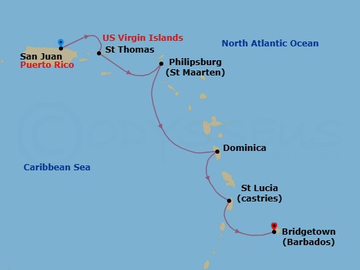 5 Night - Southern Caribbean with St. Lucia Holiday - Emerald Princess - Starting in San Juan, Puerto Rico, St Thomas, US Virgin Islands, St Maarten, Dominica, St Lucia, Barbados itinerary map
