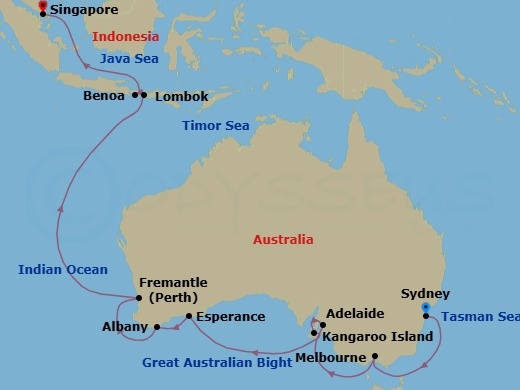 20 Night - Australia Product - Norwegian Spirit - Starting in Sydney AU, Melbourne, Australia, Adelaide, Australia, Kangaroo Island, Australia, Australia, Albany AU, Fremantle, Australia, Lembar / Lombok, Indonesia, Benoa / Bali, Indonesia, Singapore itinerary map