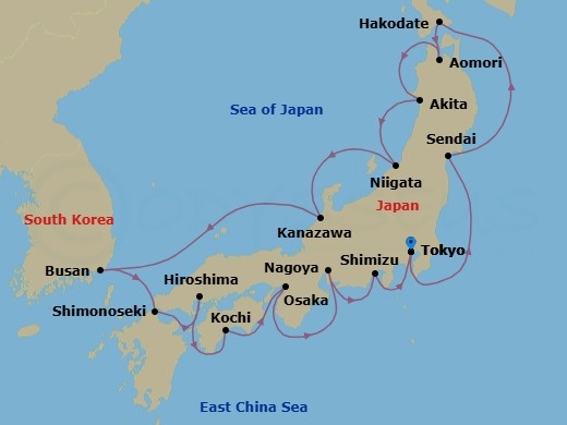 17 Night - Tokyo Pre Cruisetour - Norwegian Jade Tours - Starting in At Hotel, Tokyo, Japan, Sendai (Ishinomaki), Japan, Hakodate, Japan, Aomori, Japan, Akita, Japan, Niigata, Japan, Kanazawa, Japan, Busan, South Korea, Shimonoseki, Japan, Hiroshima, Japan, Kochi, Japan, Kyoto / Osaka, Japan, Nagoya, Japan, Mount Fuji / Shimizu, Japan, Tokyo, Japan itinerary map