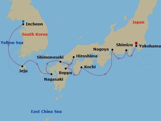 12 Night - Pre Cruisetour Incheon - Norwegian Jade Tours - Starting in At Hotel, Seoul (Incheon), South Korea, Jeju, South Korea, Nagasaki, Japan, Cruise Kanmon Straits, Japan, Shimonoseki, Japan, Hiroshima, Japan, Beppu, Japan, Kochi, Japan, Nagoya, Japan, Mount Fuji / Shimizu, Japan, Tokyo (Yokohama), Japan itinerary map