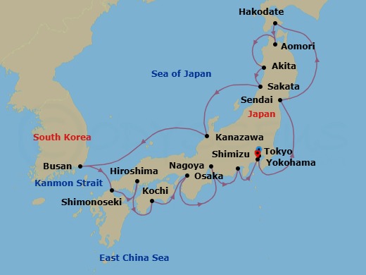 17 Night - Tokyo Pre Cruisetour - Norwegian Jade Tours - Starting in At Hotel, Tokyo, Japan, Sendai (Ishinomaki), Japan, Hakodate, Japan, Aomori, Japan, Akita, Japan, Sakata, Japan, Kanazawa, Japan, Busan, South Korea, Cruise Kanmon Straits, Japan, Shimonoseki, Japan, Hiroshima, Japan, Kochi, Japan, Kyoto / Osaka, Japan, Nagoya, Japan, Mount Fuji / Shimizu, Japan, Tokyo (Yokohama), Japan itinerary map