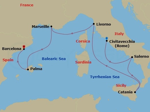 7 Night - Europe - Norwegian Epic - Starting in Civitavecchia Rome, Italy, Amalfi Coast (Salerno), Italy, Catania, Italy, Livorno / Florence / Pisa, Italy, Provence, Marseille, France, Palma Majorca, Spain, Barcelona, Spain itinerary map