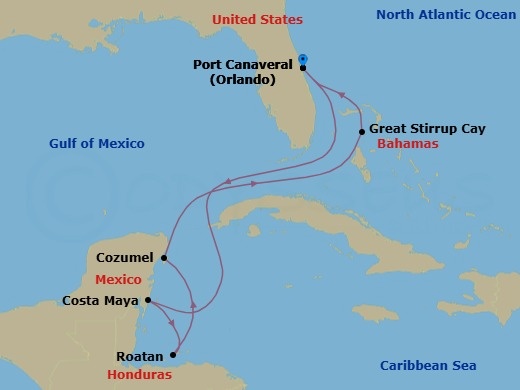 7 Night - Western Caribbean - Port Canaveral - Norwegian Epic - Starting in Orlando Beaches / Port Canaveral, Fl, Costa Maya, Mexico, Roatan Bay Islands, Honduras, Cozumel, Mexico, Great Stirrup Cay, Bahamas, Orlando Beaches / Port Canaveral, Fl itinerary map
