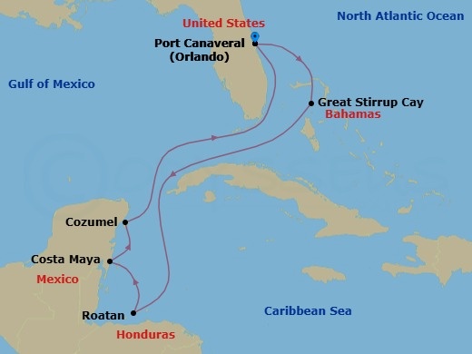 7 Night - Western Caribbean - Port Canaveral - Norwegian Epic - Starting in Orlando Beaches / Port Canaveral, Fl, Great Stirrup Cay, Bahamas, Roatan Bay Islands, Honduras, Costa Maya, Mexico, Cozumel, Mexico, Orlando Beaches / Port Canaveral, Fl itinerary map