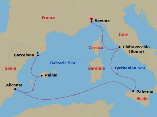 6 Night - Europe from Barcelona to Savona - Costa Toscana - Starting in Barcelona, Palma De Mallorca, Alicante, Palermo, Civitavecchia (Rome), Savona itinerary map