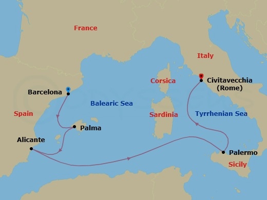 5 Night - Southern Europe from Barcelona to Rome (Civitavecchia) - Costa Toscana - Starting in Barcelona, Palma De Mallorca, Alicante, Palermo, Civitavecchia (Rome) itinerary map